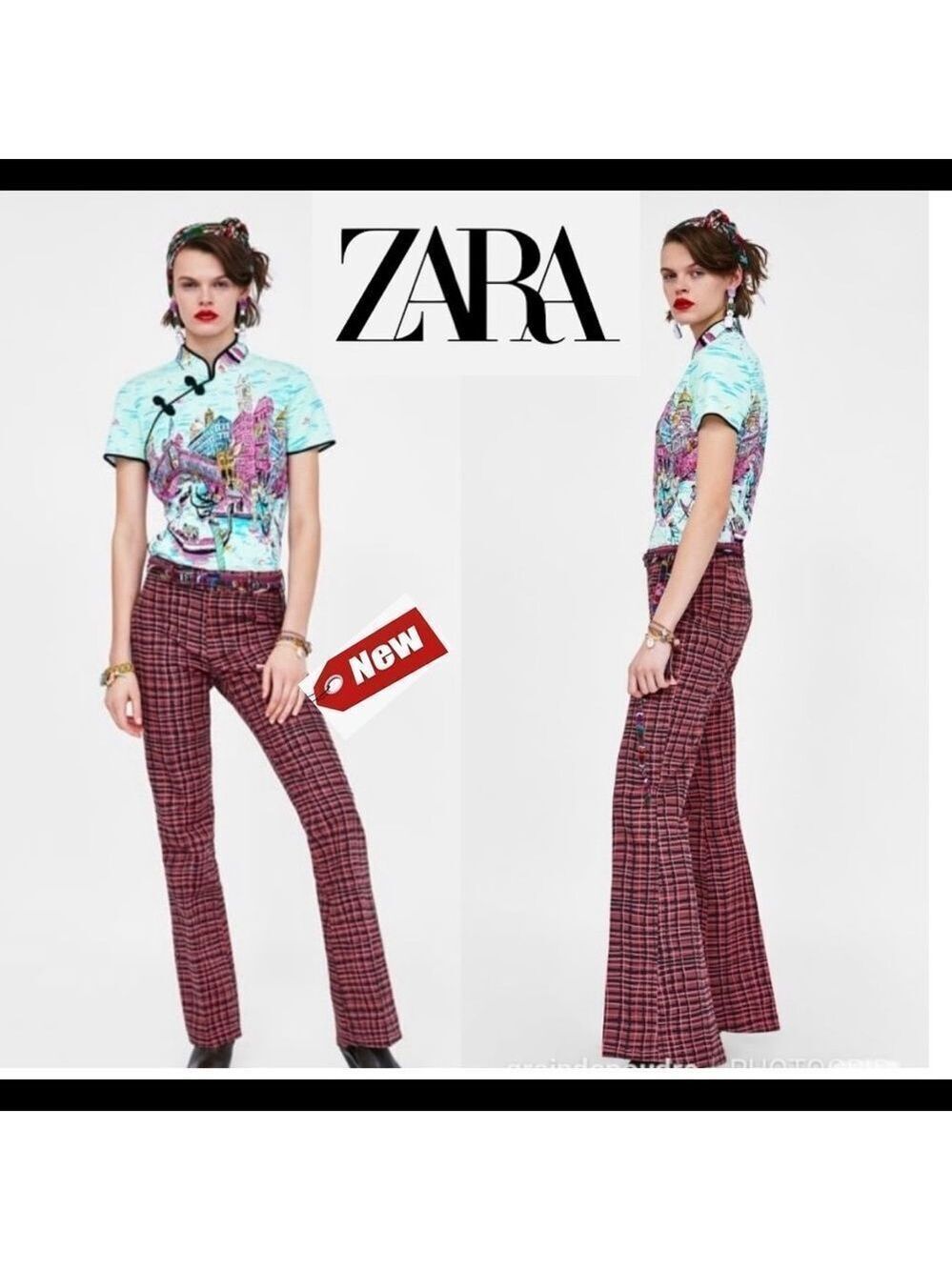 𝅺rare ZARA studio pink checkered plaid retro bell bottom flared pants Sz S NWT